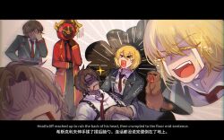  1boy 1other 3girls anger_vein annoyed bilingual_text blonde_hair blood blood_from_mouth brown_hair chinese_text clock commentary crying dante_(limbus_company) dark-skinned_male dark_skin death don_quixote_(project_moon) english_text fire heathcliff_(project_moon) highres letterboxed limbus_company long_hair mixed-language_text momoatls multiple_girls necktie object_head outis_(project_moon) project_moon red_necktie rodion_(project_moon) short_hair very_long_hair 