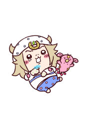  1boy :3 absurdres blonde_hair blue_pants blush blush_stickers chibi chibi_only chiikawa commentary full_body hat highres hood hood_down hoodie horseshoe_hat_ornament horseshoe_ornament johnny_joestar jojo_no_kimyou_na_bouken lying m_a_a_m_8 male_focus medium_hair official_style on_back open_mouth pants short_sleeves simple_background solo spin_(jojo) stand_(jojo) star_(symbol) star_print steel_ball_run tears tusk_(stand) tusk_act1 untranslatable_commentary white_background white_hat white_hoodie 