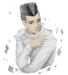  1boy artist_name black_eyes black_hair commentary cracked_skin grey_hair high_collar jacket jojo_no_kimyou_na_bouken jojolion long_sleeves looking_at_viewer male_focus mohawk multicolored_hair saharada solo stand_(jojo) two-tone_hair upper_body white_background white_jacket wu_tomoki 
