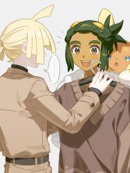  ... 2boys :d :o alolan_raichu alternate_costume blonde_hair blue_eyes brown_coat brown_sweater_vest coat commentary_request dark-skinned_male dark_skin fua1heyvot4ifsr gladion_(pokemon) green_hair grey_background grey_eyes hau_(pokemon) highres looking_at_another male_focus multiple_boys open_mouth orange_fur pokemon pokemon_(creature) pokemon_sun_and_moon ponytail short_ponytail simple_background smile sweater_vest trench_coat upper_body 