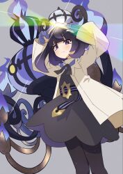  1girl belt black_dress black_hair black_pantyhose blue_gloves blunt_bangs blush bob_cut chandelier chandelure closed_mouth coat commentary_request dress fire frown gloves gwynn_(pokemon) hat highres long_sleeves looking_at_viewer mega_chandelure mega_pokemon mega_stone multicolored_hair o-ring o-ring_belt open_clothes open_coat pantyhose partially_fingerless_gloves pokemon pokemon_(creature) pokemon_legends:_z-a purple_fire purple_hair refisa short_hair violet_eyes white_coat yellow_eyes 