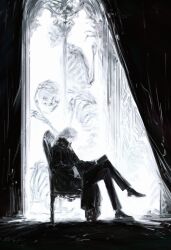  1boy absurdres ambre-sultan chair chinese_commentary cloak commentary_request edmond_dantes_(fate) fate/grand_order fate_(series) full_body grey_hair highres male_focus medium_hair on_chair pants sitting skeleton solo 