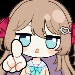  1girl ahoge animated animated_gif aqua_bow aqua_bowtie blue_eyes blue_sailor_collar blush_stickers bow bowtie brown_hair cardigan chibi chibi_only chunye_haruya commentary commission dot_nose english_commentary hair_between_eyes hair_ornament hair_ribbon heart heart_hair_ornament jitome long_hair lowres neuro-sama neuro-sama_(1st_costume) open_mouth pointing pointing_at_viewer poking poking_viewer red_ribbon ribbon sailor_collar second-party_source shirt solo sticker_(medium) transparent_background two_side_up upper_body vedal_ai virtual_youtuber white_shirt yellow_cardigan 