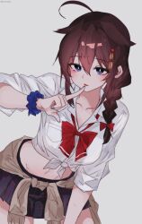  1girl ahoge black_hair black_skirt blue_eyes blue_scrunchie bow bowtie braid brown_jacket clothes_around_waist commentary_request finger_to_mouth grey_background gyaru hair_flaps highres jacket jacket_around_waist kantai_collection leaning_forward midriff miron_(mirona33) navel pleated_skirt red_bow red_bowtie school_uniform scrunchie shigure_(kancolle) shigure_kai_ni_(kancolle) shirt simple_background single_braid skirt solo tied_shirt wrist_scrunchie 