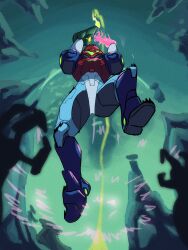  1girl 5others absurdres arm_cannon armor assault_visor bee_z blue_armor commentary english_commentary full_armor glowing_arm helmet highres metroid metroid_ravenous multicolored_armor multiple_others power_armor power_suit_(metroid) ravenous_suit red_helmet samus_aran weapon 