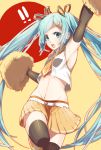  85 aqua_eyes aqua_hair armpits arms_up cheerleader detached_sleeves hair_ornament hairclip hatsune_miku highres long_hair midriff navel necktie pom_poms shoes skirt solo thigh-highs thighhighs twintails very_long_hair vocaloid zettai_ryouiki 