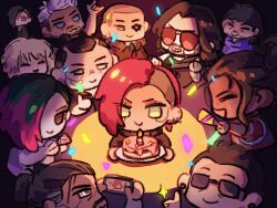  5girls 6+boys asymmetrical_hair bald black_hair blonde_hair brown_hair cake character_request chibi clapping cyberpunk_(series) cyberpunk_2077 ear_piercing food goro_takemura happy_birthday highres holding holding_cake holding_food jackie_welles johnny_silverhand judy_alvarez kafen0w0 kerry_eurodyne kirk_sawyer mechanical_eyes misty_olszewski multiple_boys multiple_girls panam_palmer piercing river_ward sidecut single_mechanical_eye skin_seams spotlight sunglasses undercut v_(cyberpunk) valerie_(cyberpunk) white_hair 
