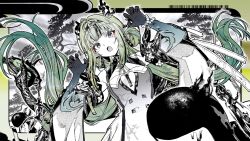  1girl :o arknights arknights:_endfield bare_shoulders bead_bracelet beads bitey_(arknights) blue_hands bracelet breasts claw_pose cowboy_shot detached_sleeves double_bun dragon_girl dragon_horns dragon_tail dress eastern_dragon_horns eastern_dragon_tail eyeliner game_asset green_hair greyscale hair_bun hairband highres holding holding_with_tail horns jewelry kyo_zip long_hair looking_at_viewer makeup monochrome multicolored_hair official_art open_mouth pointy_ears prehensile_tail red_eyeliner si_(arknights) sleeveless sleeveless_dress small_breasts solo spot_color streaked_hair tail third-party_source very_long_hair very_low_bun 