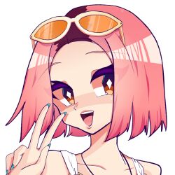 1girl :d aqua_nails bare_shoulders bright_pupils brown_eyes collarbone dead_by_daylight diamond-shaped_pupils eyebrows_visible_through_hair eyelashes eyewear_on_head highres kimura_yui misharoute multicolored_hair nail_polish o-ring open_mouth orange-tinted_eyewear pink_hair roots_(hair) short_hair simple_background smile solo symbol-shaped_pupils tinted_eyewear two-tone_hair upper_teeth w white-framed_eyewear white_pupils
