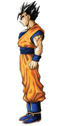  1boy aged_up belt biceps black_hair blue_belt blue_boots blue_shirt boots clenched_hand closed_mouth commentary_request dragon_ball dragon_ball_z from_side kouji08250 muscular muscular_male orange_dougi serious shirt simple_background solo son_gohan spiky_hair white_background wristband 