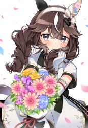  1girl animal_ears blush bouquet braid brown_hair closed_mouth commentary_request curren_bouquetd'or_(racing)_(umamusume) curren_bouquetd'or_(umamusume) dress elbow_gloves falling_petals flower gloves hair_between_eyes highres holding holding_bouquet horse_ears horse_girl long_hair looking_at_viewer low_twin_braids multicolored_hair petals sbql_(niaunclefan) simple_background solo streaked_hair twin_braids umamusume white_background white_dress white_hair white_streaks 