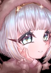  1girl absurdres black_background blonde_streaks blue_eyes blue_hair blunt_bangs bob_cut brown_hat chadraws_art coat commentary english_commentary fingernails fur-trimmed_headwear fur_trim glint grin hairband hand_on_own_cheek hand_on_own_face hat highres jelly_hoshiumi jelly_hoshiumi_(winter_casual) long_sleeves multicolored_hair official_alternate_costume official_alternate_hairstyle parted_lips phase_connect pink_coat short_hair simple_background sleeves_past_wrists smile solo star_(symbol) star_in_eye streaked_hair symbol_in_eye virtual_youtuber yellow_hairband 