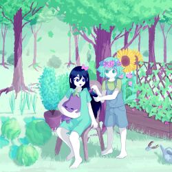  absurdres aubrey_(omori) basil_(omori) black_hair chair colored_skin elecmaw flower garden green_eyes green_hair highres omori overalls sunflower tree white_skin 