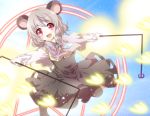  :d animal_ears blue_sky blush danmaku dowsing_rod glowing grey_hair highres kuromame_(8gou) mouse_ears nazrin open_mouth outstretched_arms pantyhose red_eyes sky smile solo spread_arms touhou 