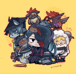  1boy animalization black_eyes bug carrot chinese_commentary cockroach commentary_request conical_hat don_quixote_(project_moon) expressionless faust_(project_moon) gregor_(project_moon) heathcliff_(project_moon) heishou_pack-mao_branch_(identity)_(project_moon) heishou_pack-si_branch_(identity)_(project_moon) heishou_pack-wei_branch_(identity)_(project_moon) heishou_pack-wu_branch_(identity)_(project_moon) highres hong_lu_(project_moon) hongyuan_(identity)_(project_moon) horse limbus_company long_hair looking_at_viewer momoatls one_eye_covered outis_(project_moon) petting ponytail project_moon rabbit red_pupils rodion_(project_moon) ryoshu_(project_moon) scarf sheep simple_background snake solo twitter_username yellow_background yi_sang_(project_moon) 