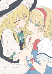  2girls absurdres alice_margatroid apron black_hat black_vest blonde_hair blue_dress blue_eyes bow bowtie braid capelet closed_mouth commentary_request dress frilled_hairband frills green_ribbon hair_bow hairband hat hat_bow highres kirisame_marisa long_hair multiple_girls neck_ribbon red_bow red_bowtie red_hairband red_sash ribbon sash side_braid single_braid smile touhou tsuno_no_hito vest waist_apron waist_sash white_apron white_bow white_capelet witch_hat yellow_eyes yuri 