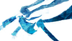  1girl blue_eyes blue_hair blue_shirt blue_skirt blue_sleeves blue_theme blue_thighhighs closed_mouth commentary_request detached_sleeves dot_mouth feet_out_of_frame floating_hair hair_floating_upwards hatsune_miku highres hilty legs_up long_hair miniskirt monochrome necktie shirt simple_background skirt sleeveless sleeveless_shirt solo thigh-highs twintails vocaloid white_background 
