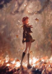  1girl absurdres ahoge ambre-sultan autumn autumn_leaves black_serafuku chinese_commentary commentary_request day falling_leaves fate/grand_order fate_(series) forest fujimaru_ritsuka_(female) full_body highres leaf long_sleeves medium_hair nature one_side_up orange_eyes orange_hair outdoors sailor_collar school_uniform serafuku shoes skirt socks solo standing 