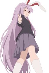  1girl :q ;q absurdres aiming aiming_at_viewer animal_ears black_jacket blazer commentary_request finger_gun highres jacket kneehighs long_hair long_sleeves looking_at_viewer necktie one_eye_closed philip_(n1k2-j) purple_hair purple_skirt rabbit_ears rabbit_girl red_eyes red_necktie reisen_udongein_inaba shirt simple_background skirt socks solo tongue tongue_out touhou very_long_hair white_background white_shirt white_socks 