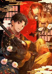  1boy absurdres black_gloves black_hair black_kimono camellia commentary_request egasumi enten_(sword) feet_out_of_frame flower glint gloves hand_on_lap hand_up head_tilt highres holding holding_sword holding_weapon japanese_clothes kagurabachi katana kimono lantern leaf leaning_back light_particles looking_at_viewer male_focus orange_pants outline pants paper_lantern parted_lips print_kimono red_eyes red_scarf rokuhira_chihiro ru_to_bi sayagata scarf short_hair shouji sitting sliding_doors solo sword telescope_goldfish very_short_hair weapon white_flower white_outline yagasuri 