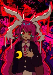 1girl abstract_background absurdres animal_ears blazer collared_shirt commentary_request cowboy_shot crying crying_with_eyes_open extra_ears highres jacket long_hair long_sleeves looking_at_viewer necktie neruzou open_mouth purple_background purple_hair rabbit_ears red_eyes red_necktie reisen_udongein_inaba shirt solo tears touhou very_long_hair white_shirt 
