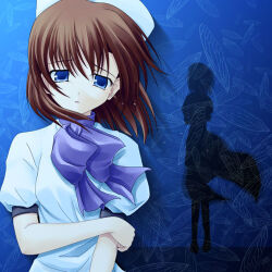  1girl blue_background blue_eyes bow bowtie brown_hair commentary_request crying crying_with_eyes_open dress flying_teardrops hand_on_own_arm hat higurashi_no_naku_koro_ni looking_at_viewer lowres medium_hair purple_bow purple_bowtie ryuuguu_rena short_sleeves tears white_dress white_hat yuku_(kiollion) 