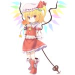  apple ascot bad_id blonde_hair boots child dress fai_(zigzagflamberge) flandre_scarlet food fruit hat laevatein lowres midriff navel red_dress red_eyes sanuki_(zigzagflamberge) side_ponytail skirt solo standing the_embodiment_of_scarlet_devil touhou transparent_background wings 