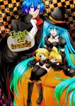  2girls :d akatsuki_yakyou animal_ears aqua_eyes aqua_hair blonde_hair blue_eyes blue_hair boots cape cat_ears cat_tail checkered checkered_background chibi choker detached_sleeves fang hair_ornament hairclip halloween hat hatsune_miku kagamine_len kagamine_rin kaito knee_boots long_hair multiple_boys multiple_girls open_mouth sitting skirt sleeve_past_wrists sleeves_past_wrists smile tail thigh-highs thighhighs trick_or_treat twintails very_long_hair vocaloid witch_hat 