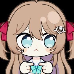  1girl :< ahoge animated animated_gif aqua_bow aqua_bowtie blue_eyes blue_sailor_collar blush_stickers bow bowtie brown_hair cardigan chibi chibi_only chunye_haruya commentary commission dot_nose english_commentary finger_touching hair_between_eyes hair_ornament hair_ribbon heart heart_hair_ornament long_hair lowres nervous_sweating neuro-sama neuro-sama_(1st_costume) red_ribbon ribbon sailor_collar second-party_source shirt solo sticker_(medium) sweat sweatdrop transparent_background two_side_up upper_body vedal_ai virtual_youtuber white_shirt yellow_cardigan 
