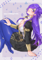  1girl black_jacket black_skirt blue_pantyhose breasts bryminoru commentary_request dated feet female_shez_(fire_emblem) fire_emblem fire_emblem:_three_houses fire_emblem_warriors:_three_hopes garreg_mach_monastery_uniform gold_trim hair_over_one_eye hand_on_own_knee highres jacket large_breasts long_hair long_sleeves looking_at_viewer miniskirt no_shoes open_clothes open_jacket open_mouth pantyhose purple_hair shirt signature sitting skirt smile soles solo teeth toes upper_teeth_only white_shirt 