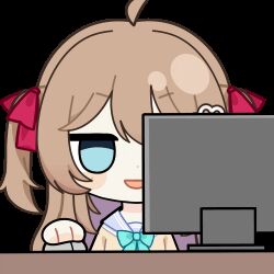  1girl ahoge animated animated_gif aqua_bow aqua_bowtie blue_eyes blue_sailor_collar blush_stickers bow bowtie brown_hair cardigan chunye_haruya commentary commission computer_mouse dot_nose drooling empty_eyes english_commentary from_side hair_between_eyes hair_ornament hair_ribbon heart heart_hair_ornament holding holding_computer_mouse long_hair lowres monitor neuro-sama neuro-sama_(1st_costume) red_ribbon ribbon sailor_collar second-party_source shirt solo sticker_(medium) table transparent_background two_side_up upper_body vedal_ai virtual_youtuber white_shirt yellow_cardigan 