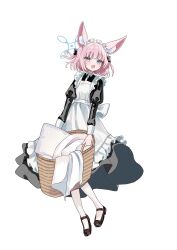  1girl absurdres alternate_costume animal_ear_fluff animal_ears apron basket black_dress black_shoes blue_archive blue_eyes blue_halo blush commentary dress enmaided fox_ears fox_girl frilled_apron frills halo highres holding holding_basket inaba_reito juliet_sleeves laundry_basket long_sleeves looking_at_viewer maid maid_headdress niko_(blue_archive) open_mouth pantyhose pink_hair puffy_sleeves shoes short_hair simple_background smile solo white_apron white_background white_headdress white_pantyhose 