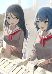  2girls :d black_hair blue_eyes blue_hair blunt_ends blush bob_cut breasts chair commentary_request dot_nose folding_chair grey_eyes grey_serafuku grey_shirt grey_skirt hair_between_eyes highres holding holding_paper hoshino_ichika_(project_sekai) indoors kiritani_haruka leopa1111 long_hair long_sleeves looking_at_another microphone miyamasuzaka_girls'_academy_school_uniform multiple_girls neckerchief open_mouth paper pleated_skirt project_sekai red_neckerchief sailor_collar school_uniform serafuku shirt short_hair sidelocks sideways_glance sitting skirt smile tile_floor tiles upper_body white_sailor_collar window 