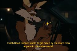  1boy animal_ears brown_fur car_interior coyote_boy coyote_vs._acme english_text fangs furry furry_male highres holding holding_stick looney_tunes male_focus mawarisaka3 obsession_(movie) one_wish_willow open_mouth photo_background scene_reference stick subtitled tail wile_e_coyote wolf_ears wolf_tail 