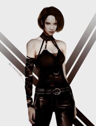  1girl belt black_pants brown_hair character_name commentary grey_background highres jill_valentine leather looking_at_viewer momokulala pants parted_lips resident_evil short_hair simple_background smile 