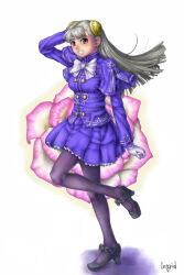  1girl arm_up bad_id black_bow black_shoes blue_skirt bow bowtie breasts buttons capcom_fighting_jam character_name character_request flower footwear_bow full_body gloves grey_hair grin hairpods high_heels ingrid_(capcom) leg_up long_hair long_sleeves medium_breasts miniskirt pantyhose pleated_skirt purple_pantyhose red_eyes shoes skirt smile solo standing standing_on_one_leg street_fighter street_fighter_zero_(series) teeth white_bow white_bowtie white_gloves yossy_nocturne 