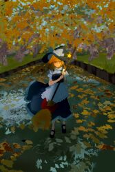  1girl apron autumn_leaves black_hat black_shoes black_skirt black_vest blonde_hair bow broom commentary_request full_body hat hat_bow highres holding holding_broom kirisame_marisa leaf li_qing_liqing long_hair looking_at_viewer outdoors puffy_short_sleeves puffy_sleeves shoes short_sleeves skirt solo touhou vest waist_apron white_apron white_bow witch_hat yellow_eyes 