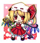  blonde_hair chibi dress fang flandre_scarlet hat laevatein open_mouth red_dress red_eyes side_ponytail solo the_embodiment_of_scarlet_devil touhou wings yuumi_kaname 