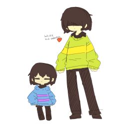  2others androgynous blue_sweater brown_hair brown_leggings brown_pants closed_eyes closed_mouth deltarune english_text frisk_(undertale) heart kris_(deltarune) leggings long_sleeves multiple_others neamosub other_focus pants red_soul_(utdr) shaded_face short_hair simple_background soul_(character)_(deltarune) soul_(utdr) striped_clothes striped_sweater striped_sweater_vest sweater sweater_vest undertale utdr_(toby_fox) white_background 
