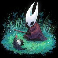  1girl 1other arthropod_girl black_eyes black_skin black_wings cloak closed_eyes colored_skin commentary english_commentary full_body grass grimmchild happy head_on_hand holding holding_stick hollow_eyes hollow_knight horned_mask hornet_(hollow_knight) horns leaf linterteatime looking_at_another looking_down mask plant playing red_cloak sitting stick white_mask wings 