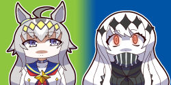  2girls abyssal_ship ahoge aircraft_carrier_water_oni animal_ears blue_eyes breasts commentary_request crossover glowing glowing_eyes grey_hair horse_ears horse_girl jacket kantai_collection large_breasts long_hair mahoroba_shirou multicolored_hair multiple_girls oguri_cap_(starlight_beat)_(umamusume) oguri_cap_(umamusume) red_eyes scarf shirt sideways_glance skirt sleeveless sleeveless_shirt streaked_hair striped_clothes striped_scarf umamusume very_long_hair white_hair white_jacket white_skirt 