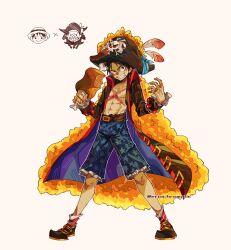  1boy bare_pectorals black_coat black_eyes black_hair black_shoes boned_meat cape chewing coat cosplay eriochromatic food full_body grin hat hat_feather highres male_focus marshall_d._teach marshall_d._teach_(cosplay) meat monkey_d._luffy one_piece orange_cape pectorals pirate_costume pirate_hat scar scar_on_chest shoes smile socks solo striped_clothes striped_socks toned toned_male 