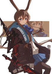  1girl absurdres amiya_(arknights) amiya_(guard)_(arknights) animal_ears arknights ascot black_coat black_eyes blue_ascot blue_skirt brown_hair chinese_commentary chromatic_aberration closed_mouth clothes_writing coat commentary_request cowboy_shot de-lease english_commentary frown hair_between_eyes highres holding holding_sword holding_weapon long_hair looking_at_viewer mechanical_arms miniskirt mixed-language_commentary open_clothes open_coat partial_commentary pleated_skirt single_mechanical_arm skirt solo split_mouth standing sword v-shaped_eyebrows weapon zoom_layer 