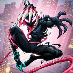 1girl black_bodysuit bodysuit building city gwenom looking_at_viewer marvel multicolored_bodysuit outdoors patrick_brown sky skyscraper solo spider-man_(series) white_bodysuit 