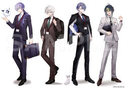  4boys backpack bag black_jacket black_pants black_shoes blue_eyes blue_hair blue_jacket brown_jacket brown_pants brown_shoes brown_suit clipboard closed_mouth collared_shirt commentary company_name copyright_notice creature dytica_(nijisanji) formal_clothes full_body futaba_hazuki glasses green_eyes green_hair green_necktie grey_hair grey_jacket grey_pants hand_on_own_hip heterochromia holding holding_clipboard holding_suitcase hoshirube_sho id_card inami_rai jacket jacket_on_shoulders koyanagi_rou lanyard long_hair long_sleeves looking_at_viewer male_focus multicolored_hair multiple_boys murakumo_kagetsu necktie nijisanji official_alternate_costume official_art open_mouth otomo_(hoshirube_sho) otomo_(koyanagi_rou) pants ponytail purple_hair purple_jacket purple_necktie purple_pants purple_suit purple_vest sample_watermark shirt shoes short_hair simple_background smile standing striped_clothes striped_necktie suit suit_jacket suitcase two-sided_fabric two-sided_jacket vest violet_eyes virtual_youtuber watch watch watermark white_background white_shirt 