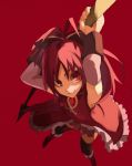  armpits arms_up boots bow detached_sleeves face foreshortening from_above hair_bow jonasan knee_boots long_hair mahou_shoujo_madoka_magica polearm ponytail red_background red_eyes red_hair redhead sakura_kyouko smile solo spear thigh-highs thighhighs weapon 