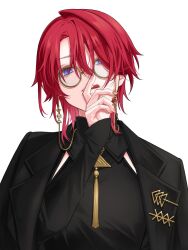  1girl ange_katrina ange_katrina_(9th_costume) black_coat black_shirt blue_eyes coat coat_on_shoulders collared_shirt commentary eyelashes eyewear_strap finger_to_mouth glasses hair_between_eyes hair_over_one_eye hand_up highres jewelry lapel_pin lapels licking_lips long_bangs looking_at_viewer medium_hair multicolored_eyes nijisanji notched_lapels parted_lips pendant red_hair round_eyewear shirt simple_background single_hair_intake sleeves_past_wrists solo tongue tongue_out two-tone_eyes ume_aji untranslatable_commentary upper_body violet_eyes virtual_youtuber white_background wolf_cut yellow-framed_eyewear 