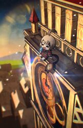  1girl absurdres advarcher ahoge black_jacket black_shorts blonde_hair brown_hair chibi clock clock_tower food gigi_murin highres holding holding_food holding_popsicle hololive hololive_english jacket kingdom_hearts kingdom_hearts_iii long_sleeves multicolored_hair outdoors popsicle short_hair shorts sitting solo tail tower twilight_town twintails two-tone_hair virtual_youtuber 