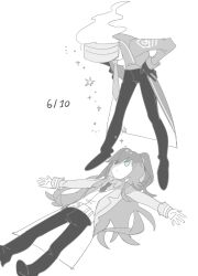  1boy 1other clock coat commentary dante_(limbus_company) date_pun fire full_body greyscale highres hong_lu_(project_moon) lapels limbus_company long_sleeves looking_down lying monochrome nanahara191 notched_lapels number_pun object_head on_back pants project_moon shoes standing untranslatable_commentary 