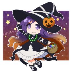  1girl basket bead_necklace beads black_boots black_dress black_hat boots border brown_hair closed_mouth commentary_request dress full_body gradient_background gradient_hair halloween hand_up hat highres hijiri_byakuren holding holding_basket jack-o'-lantern jewelry long_hair long_sleeves looking_at_viewer multicolored_hair necklace orange_background outline outside_border purple_background purple_hair rizleting smile solo standing touhou twitter_username two-tone_hair violet_eyes white_border white_outline witch_hat 